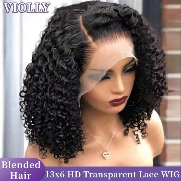 VIOLLY VIOLLY Perruque de cheveux humains brésiliens ondulés mouillés et ondulés, 200 densité, 13x6 grande zone de dentelle transparente, perruque de cheveux humains mélangés, vague profonde de 14 pouces, ligne de cheveux pré-épilée et nœuds pré-décolorés, convient pour le port quotidien ou les occasions de vacances