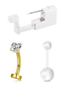 3Pcs Belly Button Piercing Kit Gun, Professional Body Piercing Kit, Belly Button Piercing Gun Navel Piercing Kit For Women, Disposable Belly Piercing Gun At Home With Belly Button Rings