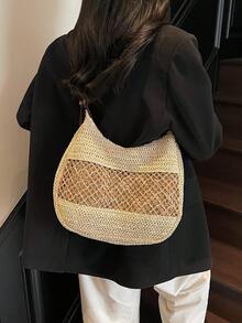 女士镂空单肩包可调节肩带草编旅行手提包时尚托特包女士夏季日常包女士草编沙滩包波西米亚镂空编织手提包大容量手提包PU单肩包斜挎托特包度假