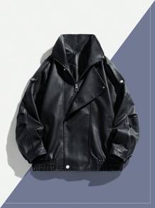 男士长袖机车风PU皮摩托车夹克，经典内衬，结实耐用的拉链，光滑内里，不对称前片设计，街头复古风，坚固耐用的户外骑行装备，金属配件细节，轻便舒适。