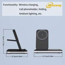 Winsway 4-In-1 Wireless Charging Stand 15W Strong Magnetic Power Supply, Foldable Mobile Phone Stand With Night Light, With USB C Data Cable, Compatible With IPhone 16-11, Watch Ultra 10-SE And Headphones - Black - View 3