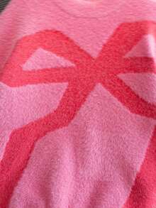 Girls' Street Style Bow Knit Sweater, Faux Fur Trim, Suitable For Casual Wear In Spring, Autumn And Winter