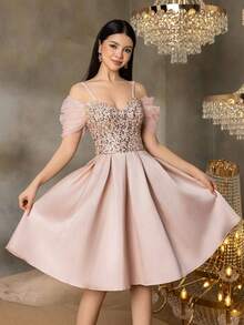 ALISA&LEO Đầm tốt nghiệp lấp lánh đính sequin dành cho nữ tuổi teen - Thiết kế hở vai, viền lưới xếp nếp, thân áo ôm sát hình trái tim đính hạt cườm, chân váy satin bóng, thích hợp cho lễ tốt nghiệp, dạ hội, dự đám cưới, các sự kiện trang trọng của trường và tiệc sinh nhật. - Màu Hồng baby - Xem 5