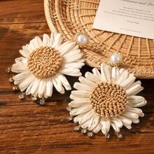 1 Pair Minimalist Raffia Flower Earrings, Handmade Woven Rhinestone Tassel Earrings, Elegant Vintage Design, Suitable For Women's Daily Wear, Vacation And Party, Summer Holiday Jewelry Accessories, Ideal Birthday Or Holiday Gift For Girlfriend/Wife