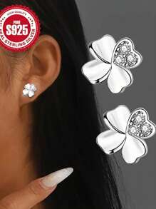 1 Pair 925 Sterling Silver Elegant Four-Leaf Clover Stud Earrings For Women, Inlaid With Synthetic Cubic Zirconia, Luxury Shining Design, Hypoallergenic, Suitable For Carnival And Music Festivals, 1 Pair Earring Gift