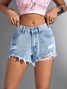 Jeanoix Summer Casual Washed Ripped Frayed Denim Shorts - Light Wash - View 1