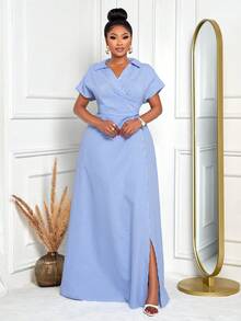 BIUBIU 大码女式性感优雅条纹碎花连衣裙，适合日常通勤时尚套装、茶会、早午餐、乡村音乐会、夏季 - 藍色 - 查看 5