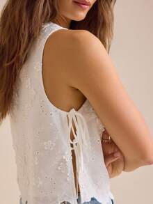 Women Summer Tank Tops Casual Tie Up Side Floral Embroidery Sleeveless Shirt Basic Vest For Streetwear - 白色 - 查看 3