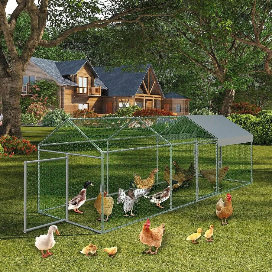 Large Metal Chicken Co Op With Waterproof And Anti-UV Cover, 120" X40" X40" Chicken Run With 3 Doors, Outdoor Hen House For Yard, Walk In Poultry Cage For Rabbit Duck Goose Metal Chicken Co Op, 120" X40" X40" Large Chicken Run With 3 Doors, Chicken Run For Yard With Waterproof And Anti-UV Cover, Walk In Poultry Cage For Rabbit Duck Goose - Bạc - Xem 1