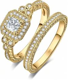 JewelryPalace Vintage 14K Gold Plated Halo Engagement Ring Wedding Band Bridal Sets - B-鍍金-1CT - 查看 1