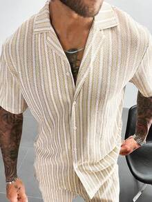 男士休闲条纹前扣短袖衬衫，夏季