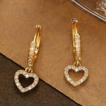 2pcs Vintage Heart Zirconia 16K Gold Hoop Earrings, Minimalist Sexy Style Pendant