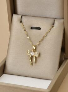 1 件时尚全水钻方晶锆石蝴蝶不锈钢女士项链，1 对时尚全水钻方晶锆石蝴蝶不锈钢女士耳环 - 金黃色 - 查看 4