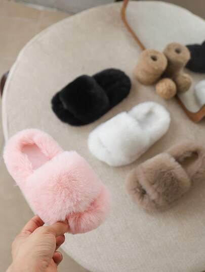 Fashionable & Simple Girls' Plush Slippers, Solid Color, Minimalist Design, Warm Fuzzy Winter House Shoes