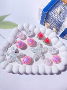 12 pièces Mignon (étoile de mer pailletée, coquillage rose, pastèque, cœur ondulé) Clips de chaussures, décorations DIY, accessoires de chaussures multifonctionnels pour sandales, pantoufles et sacs de plage des femmes - cadeaux parfaits pour les fêtes et les occasions spéciales