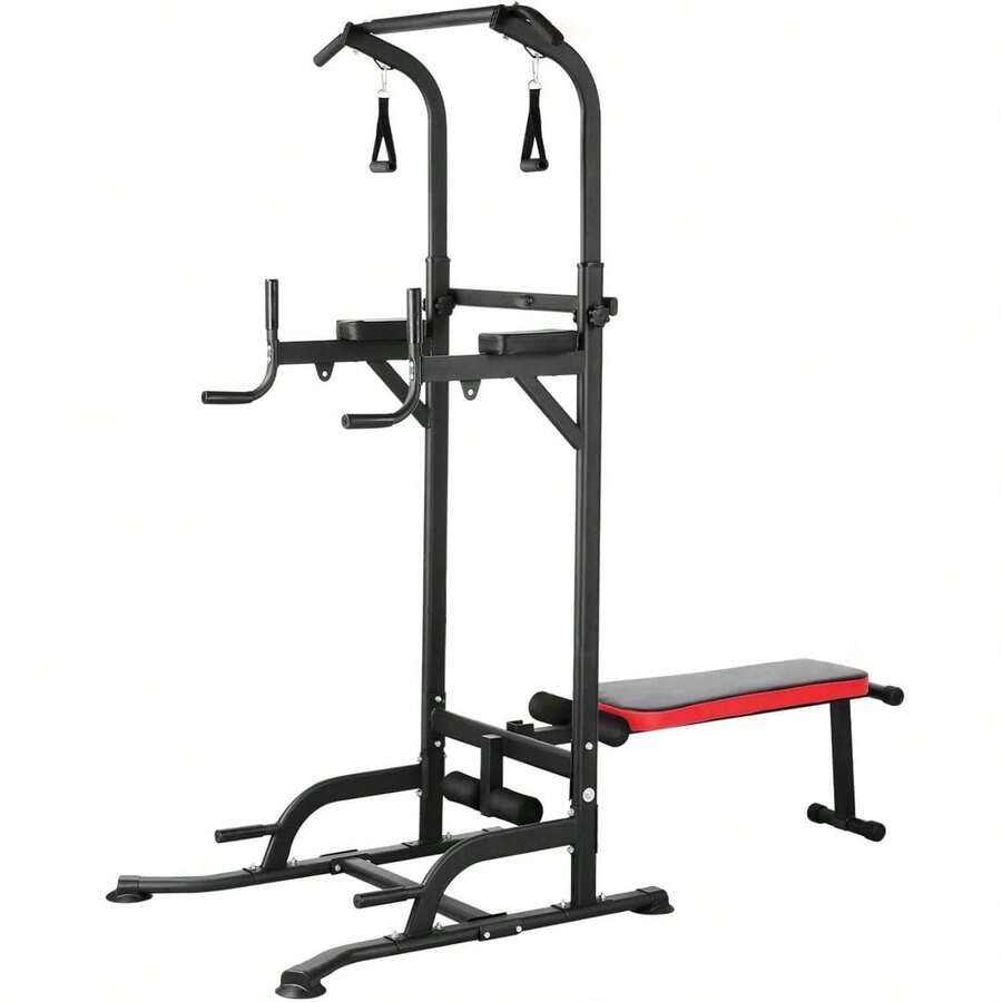 Dip Station Power Tower, Multifunktionale Kraftturm mit klappbarem Hantelbank, Klimmzugstange für Krafttrainingsgeräte für Heim-Fitnessstudio, inkl. Trainingsbänder, Ladekapazität bis zu 200KG - Schwarz - Übersicht 1