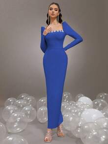 Đầm Maxi Ôm Body Cổ Vuông Tay Dài Đính Đá Rhinestone Mới, Đầm Dạ Hội Cưới Trang Trọng Cho Nữ - Xanh đậm - Xem 3