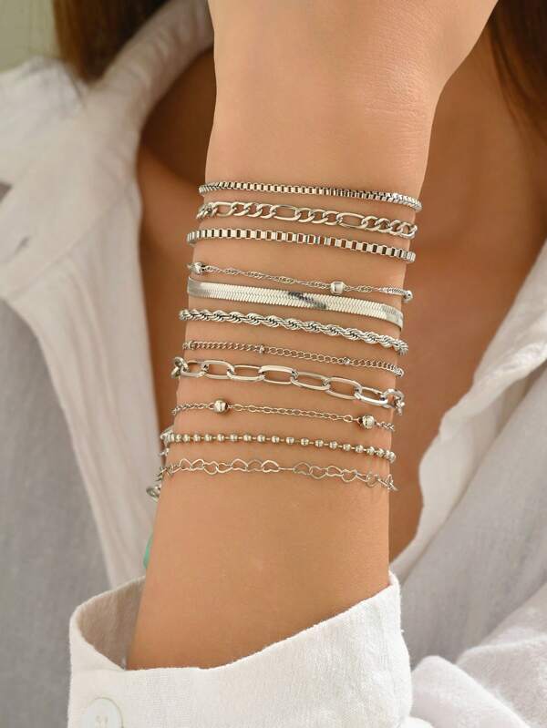 11pcs/Set Hip-Hop Metal Snake Chain, Braided Chain, Heart Bead Chain, Iron Alloy Chain Bracelet Set For Women
