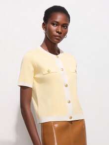 Button Contrast Trim Casual Short Sleeve Knit Cardigan, Summer - Yellow - View 4