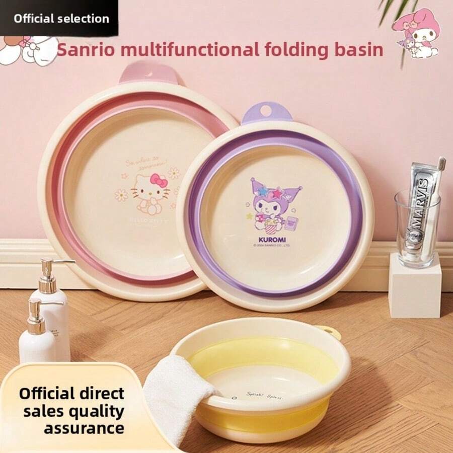 Sanrio 1pc Cute Sanrio Hello Kitty Folding PP Washbasin For Women, Thick And Durable Anti-Drop Sweet And Adorable, Suitable For Dorm, Bedroom, Bathroom, Shared Home Amenities