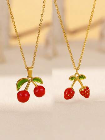 1 件可爱红色珐琅樱桃和草莓项链，适合女士女孩，水果吊坠不锈钢链项链，夏季水果珠宝时尚配饰，送给她的完美礼物