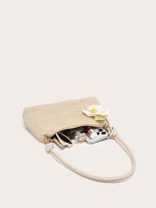 Women's Single Shoulder Underarm Bag, Square Bag, PU Cotton Rope Flower Pendant, Large Capacity, Lightweight, Lazy And Fashionable Beach Vacation Style, Suitable For Shopping And Vacation.