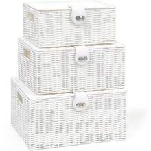 Set Of 3 White Woven Wicker Hamper Baskets - With Lid & Lock, Insert Handles, Decorative Storage For Toys, Clothes, Office & More - Default - View 1