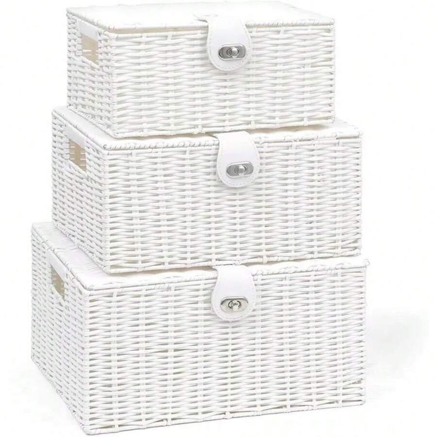 Set Of 3 White Woven Wicker Hamper Baskets - With Lid & Lock, Insert Handles, Decorative Storage For Toys, Clothes, Office & More - Default - View 1
