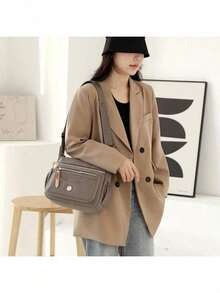Colorful-Border Multi-Layer Shoulder Bag Women's Casual Mom Bag Large Capacity Waterproof Nylon Crossbody Bag - Milk Tea Color - View 3