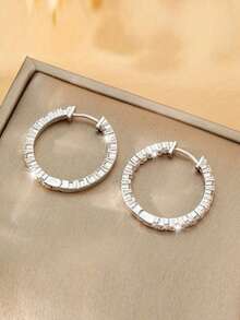 Cubic Zirconia Decor Hoop Earrings - Silver - View 6