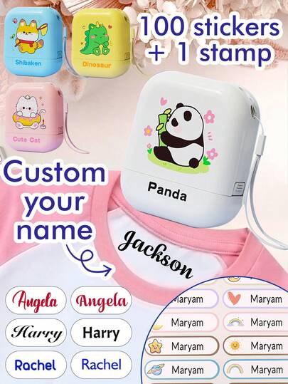 1 Stamp + 100 Stickers Custom Name Stamp, Back To School Supplies For Personalized Clothes Name Animal Stamp, Cartoon Pattern Signature Stamp, Customizable Stamps For Customized School Student Stationery Gifts, Birthday Gifts, Cuteness, Multipurpose, Back To School Supplies, Reusable, School Bag, Invitation, Boys, Girls, Teacher, Son, Office & School Supplies, Xmas Decoration, Solid Color Name Stamp