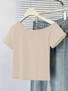 修身不对称肩部短袖露脐上衣 - 杏色 - 查看 9
