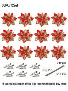 36 Piezas/12 Juegos de Flores Artificiales de Navidad, Flores de Flor de Pascua, Decoración Navideña Roja y Dorada, Flores Decorativas Artificiales para Árbol de Navidad, Adecuadas para Decoración de Fiesta de Navidad, Decoración de Árbol de Navidad DIY, Decoración de Corona de Flores, Decoración Ambiental, Decoración de Apertura, Día de San Valentín, Regalo, Decoración del Hogar, Decoraciones Navideñas, Decoración de Habitación