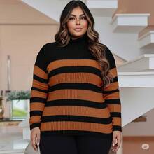 Plus Size Cold Knit Cacharrel Blouse With Thick Stripes And High Neck For Women - 黑色和赤陶色 - 查看 1