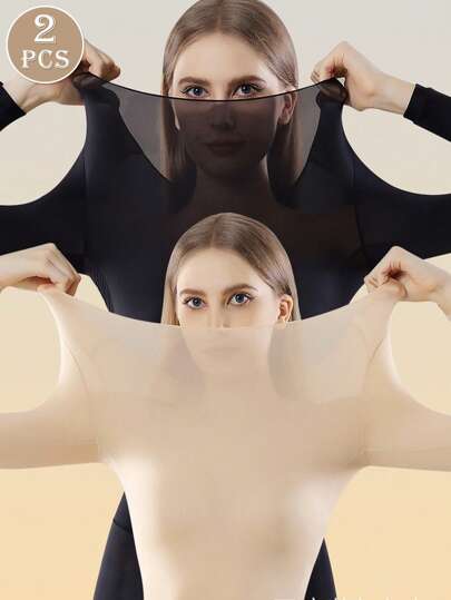 2pcs Women Seamless Black Top Ultra-Thin Solid Thermal Underwear Warm & Comfy Long Sleeve Round Neck Traceless Undershirts Slim Fit High-Elasticity Women's Beige Base Layer Clothing Sheer Tops Casual Solid Color Lightweight Warm For Autumn And Winter Thin Fabric Basic Base Bottom Layer Shirt Fashionable For Everyday Wear Lingerie & Sleepwear