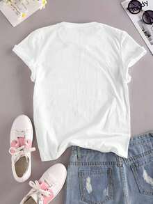 CIAO & Lemon Print Graphic T-Shirt, Casual Round Neck Short Sleeve Tee For Women, Plus Size, Back To School, Fall - White - View 3