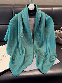 1 pezzo Elegante sciarpa quadrata in raso lucido di alta qualità con stampa floreale e fili d'argento, foulard di moda, foulard versatile per capelli, scialle, accessorio di protezione solare per donne e abiti