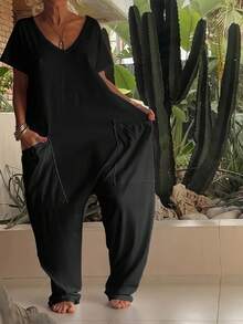 1pc Women's Knit Fabric Jumpsuit With Pockets, Suitable For Holidays, Birthdays, Parties, Travel, Summer - Black - View 5