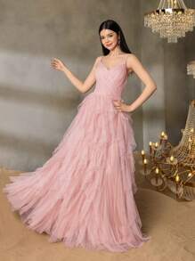 Alisa&Leo Elegant Thin-Strap Teen Formal Gown With Structured Bustier & Multi-Layer Tulle A-Line Skirt – Timeless Design For Prom, Graduation Ceremonies, Homecoming Dances, Gala Dinners, And Pageant Events - Pink - View 8