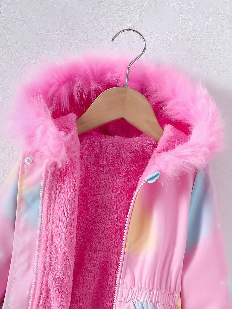 Young Girls Cute Cartoon Unicorn Print Pink Furry Hooded Mid-Length Coat, Autumn/Winter - Pink - View 4