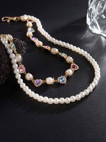 1pc Vintage Men's Multilayer Rhinestone & Faux Pearl Pants Chain, For Pants Decorations Summer, School - Cross Pendant - Silver - View 7