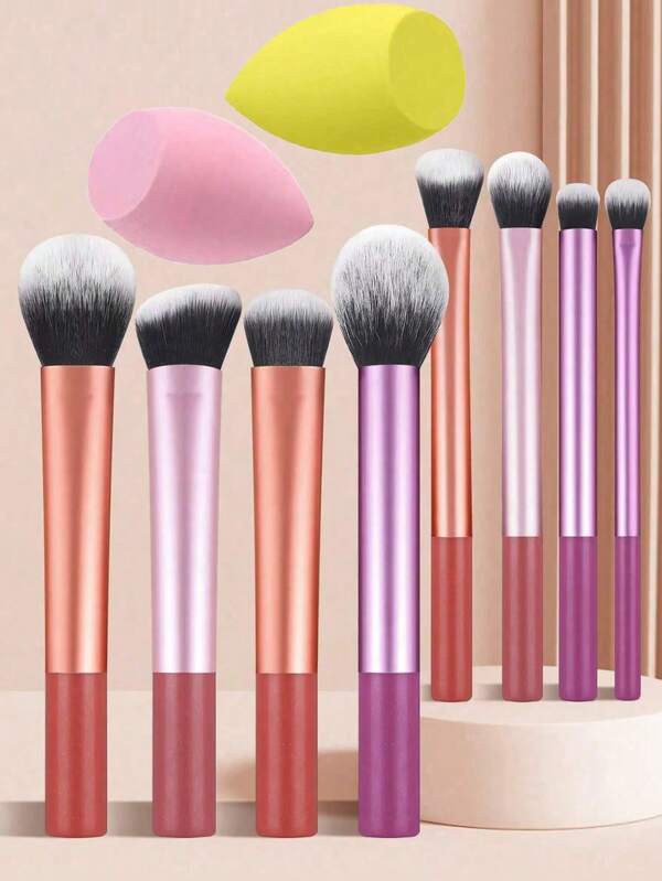 Zestaw 8 pędzli do makijażu, pędzel do makijażu, pędzel do makijażu, pędzel do różu, pędzel do podkładu, pędzel do cieni do powiek itp. + 2 szt. skośno ściętych puszek do makijażu w kształcie jajka, superdrobny, miękki, bezpudrowy, odpowiedni dla początkujących i wizażystów