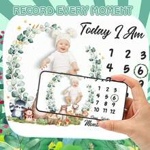 Manta de hitos para bebé niño o niña, manta de crecimiento de bebé con flores y animales, fondo de fotografía para recién nacidos con señales - Multicolor - Ver 1
