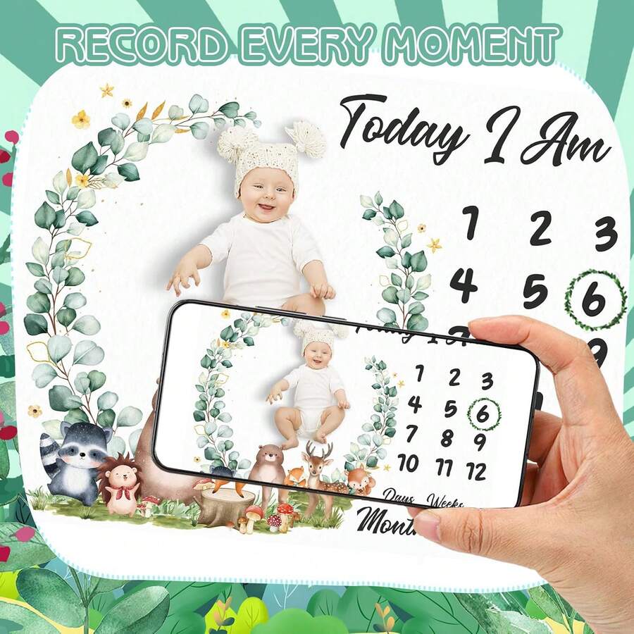 Manta de hitos para bebé niño o niña, manta de crecimiento de bebé con flores y animales, fondo de fotografía para recién nacidos con señales - Multicolor - Ver 1