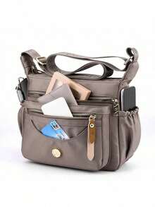 Colorful-Border Multi-Layer Shoulder Bag Women's Casual Mom Bag Large Capacity Waterproof Nylon Crossbody Bag - Milk Tea Color - View 2