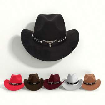 1pc A Unisex Classic Western Cowboy Hat With A Silver Bull Shape Trim For Casual Everyday Wear, Western Cowboy Party, Bar Cowboy