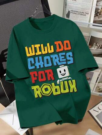 Teen Boys Casual Minimalist Colorful Letter Slogan & Robot Graphic Round Neck Short Sleeve T-Shirt, Spring/Summer New Arrival,Suitable For School Vacation Street Wear