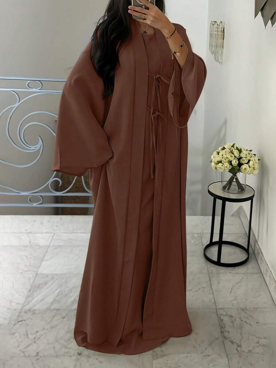 ANCHOSE Damen Elegant Ärmellos Maxikleid und Schleife Lang Strickjacke Zweiteiler im Mittleren Osten Stil