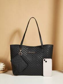 1 Set Black PU Women's Handbag Tote Bag, Multifunctional Shoulder Bag, Versatile For Ladies' Daily Use, Dating, Gifts, With Small Wallet - Black - View 5