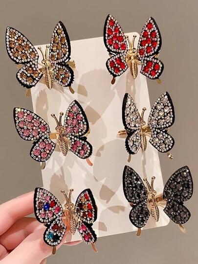 Set de 6 pasadores para el cabello con mariposas de strass 3D brillantes en múltiples colores soñadores - amarillo, rosa, morado, azul, adecuados para niñas y mujeres, pueden combinar con estilos dulces, de hadas, frescos para uso diario, fiestas, sesiones de fotos